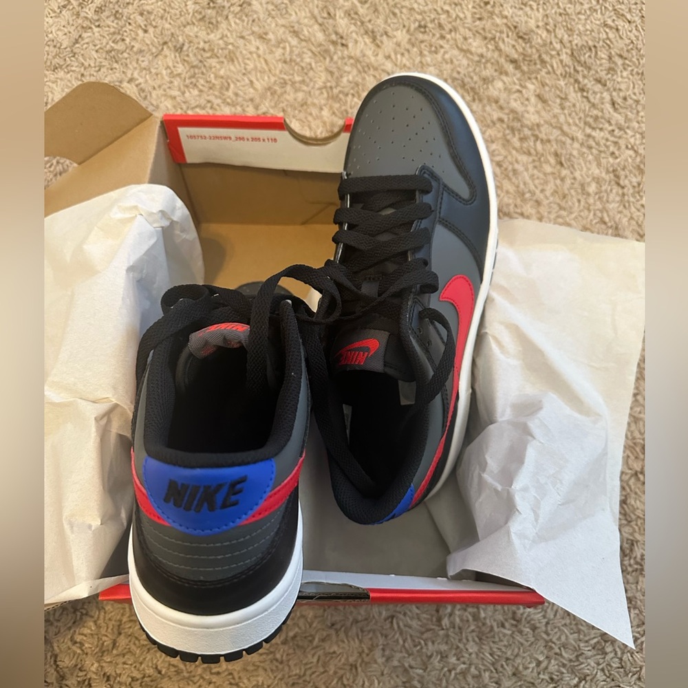NEVER WORN…Nike Dunk Low 
Black/White/Racer Blue/University Red